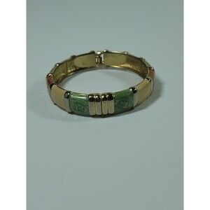 Vintage Light Brown Green Enamel GoldTone Clamper Bangle Bracelet